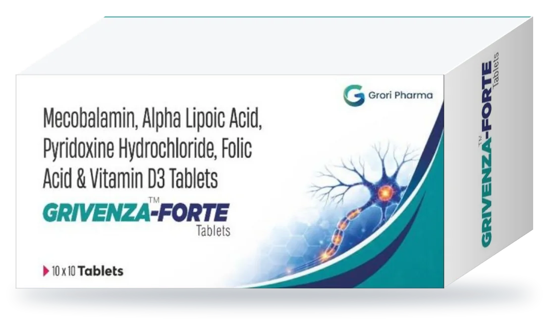 Grivenza-Forte pack: Mecobalamin (Methylcobalamin) 1500 mcg + Alpha Lipoic Acid 100 mg + Pyridoxine Hydrochloride 3 mg + Folic Acid 1.5 mg + Vitamin D3 1000 IU