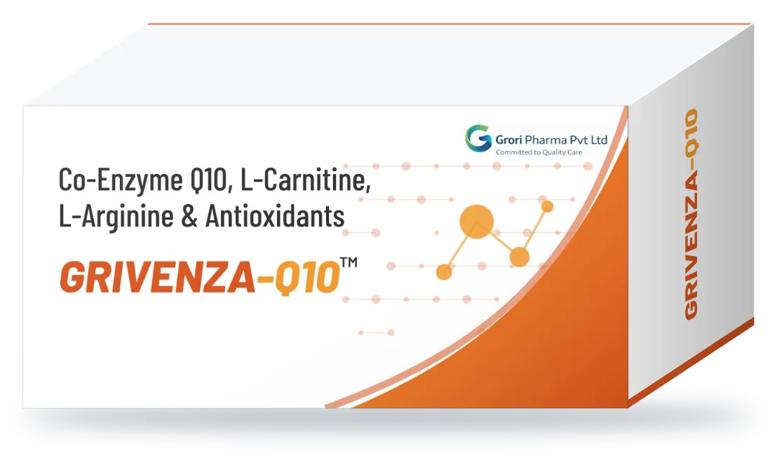 Grivenza-Q10 pack: Co-Enzyme Q10 100 mg + L-Carnitine 100 mg + L-Arginine 100 mg + Lycopene 10% 2500 mcg + Glutathione 500 mcg + Astaxanthin 10% 8 mg + Omega-3 Fatty Acid 100 mg + Folic Acid 1.5 mg + Vitamin E 100 mg + Vitamin B1 1.4 mg + Vitamin B2 2 mg + Vitamin B6 1.9 mg + Cyanocobalamin 2.2 mcg + Selenium 40 mcg + Zinc Oxide 12 mg