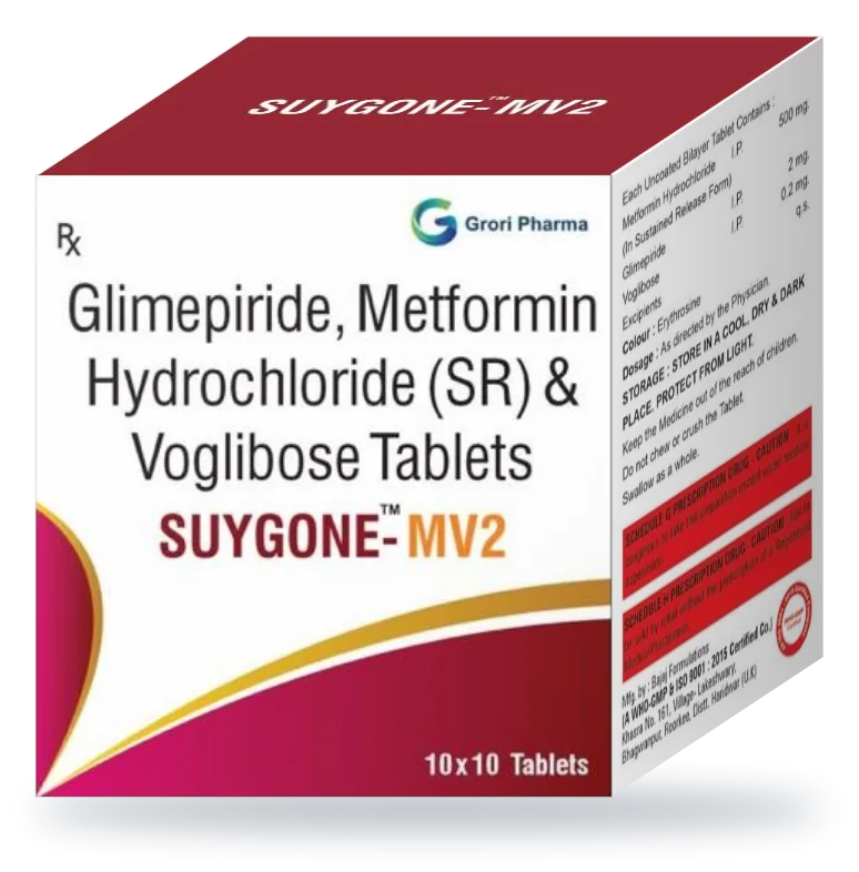 Suygone-MV2 pack: Glimepiride 2 mg + Metformin Hydrochloride (sustained release) 500 mg + Voglibose 0.2 mg